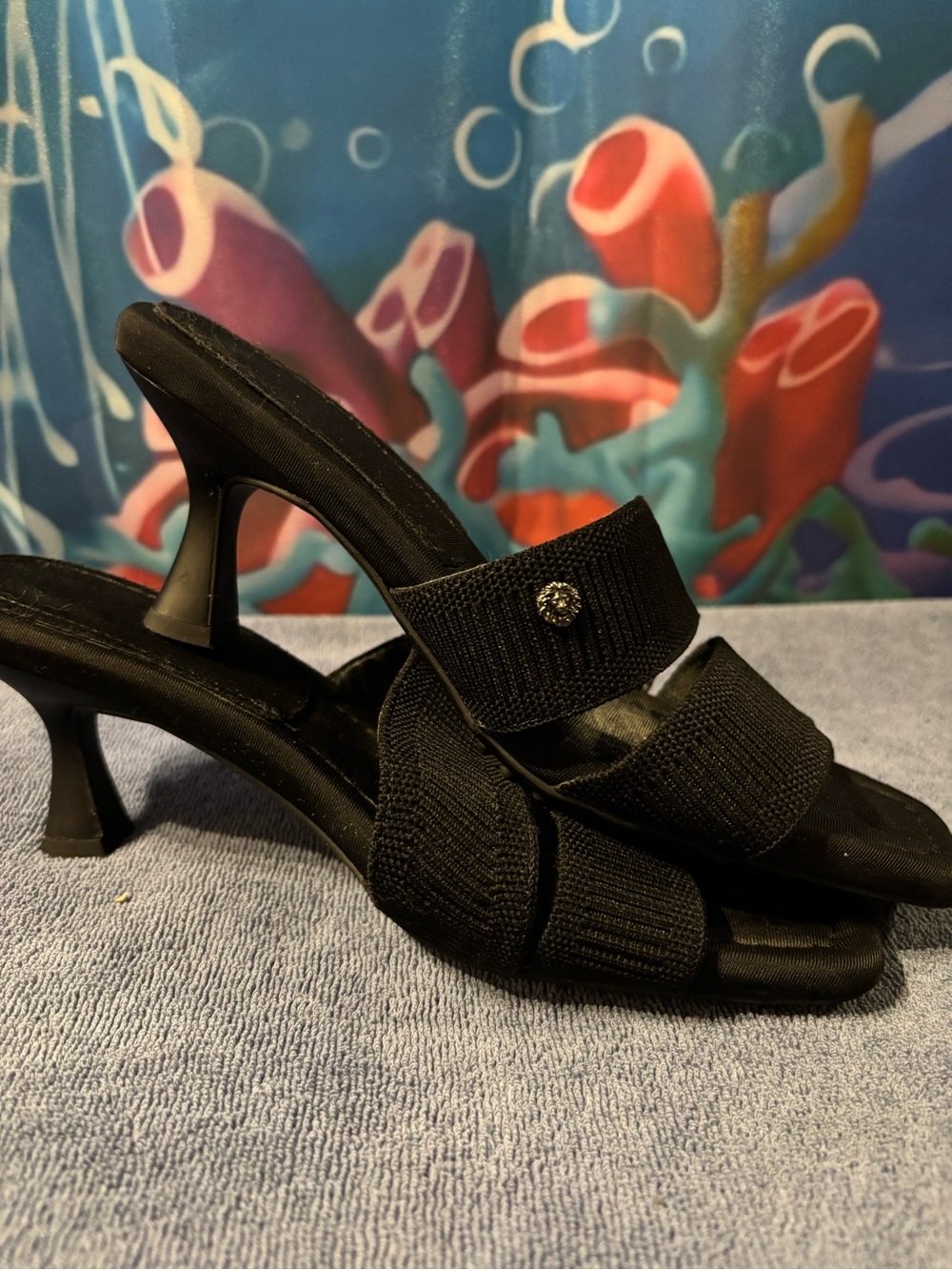 Anne Klein Black Double-Band Kitten Heel Slide Sandals